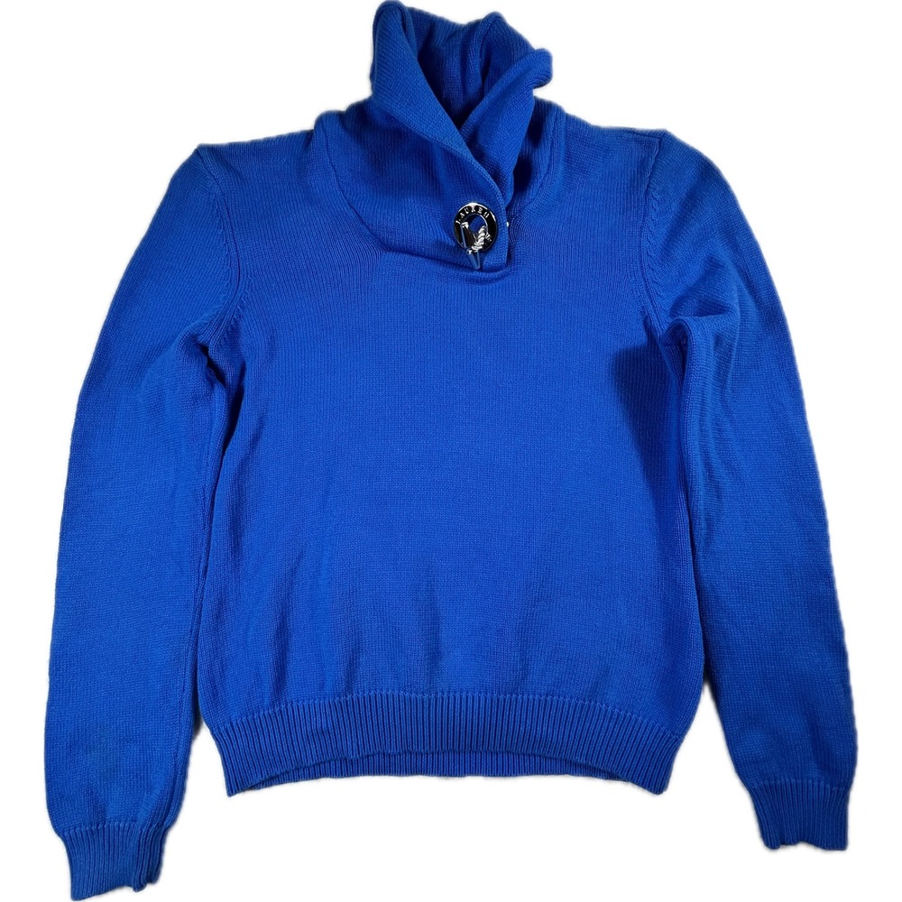 Lauren Ralph Lauren Women M Blue 100% Cotton Cowl Neck Toggle Sweater Pullover